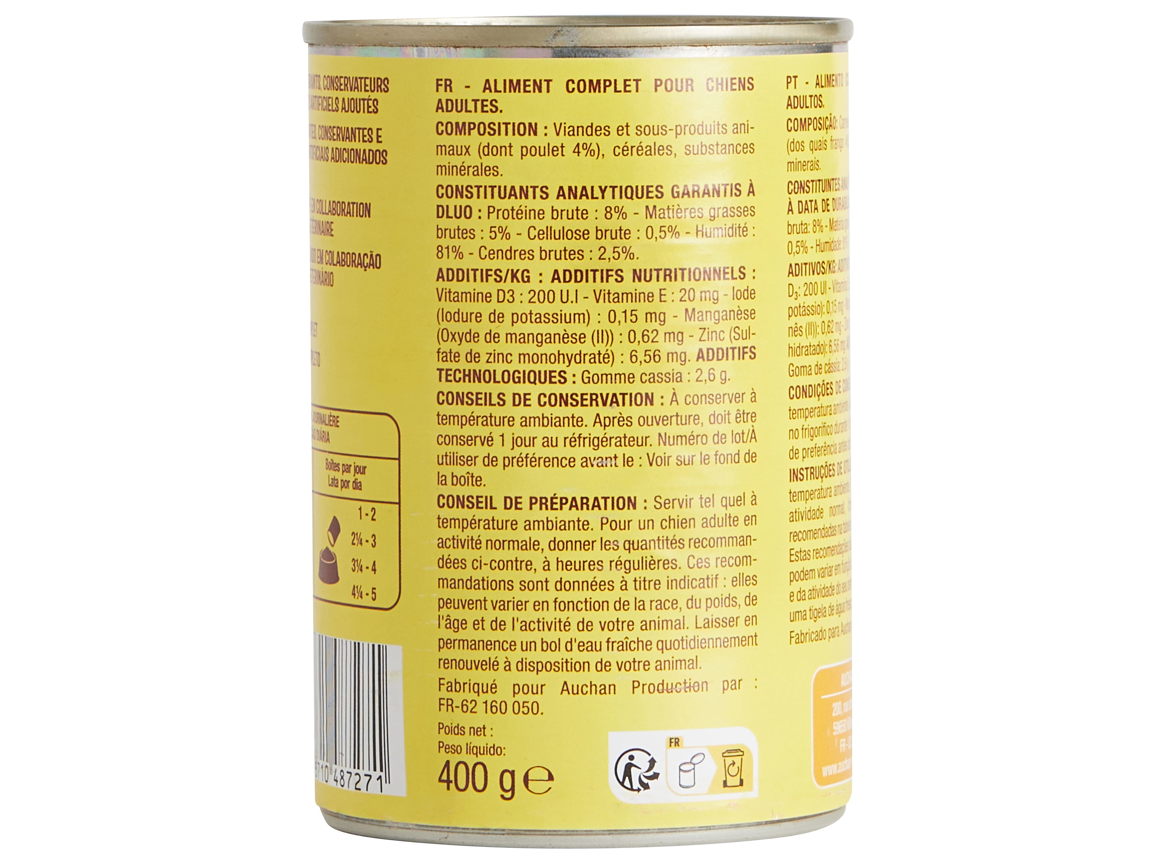 COMIDA HÚMIDA PARA CÃO AUCHAN TERRINA FRANGO 400G