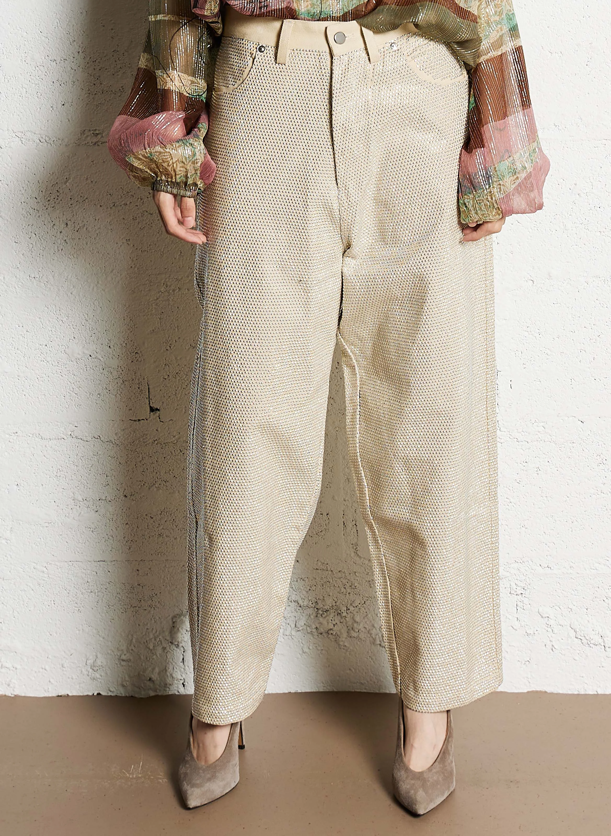 CREME - Pantalon large denim et strass en coton | Beige