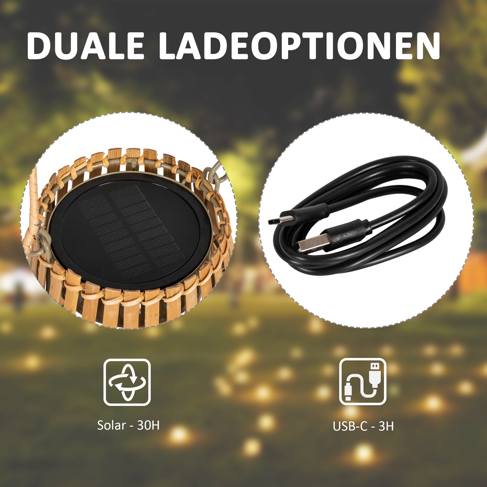Outsunny Gartenleuchte mit Tragegriff, aufladbar über Solar oder USB-C Kabel natur Ø18,5 x 22H cm