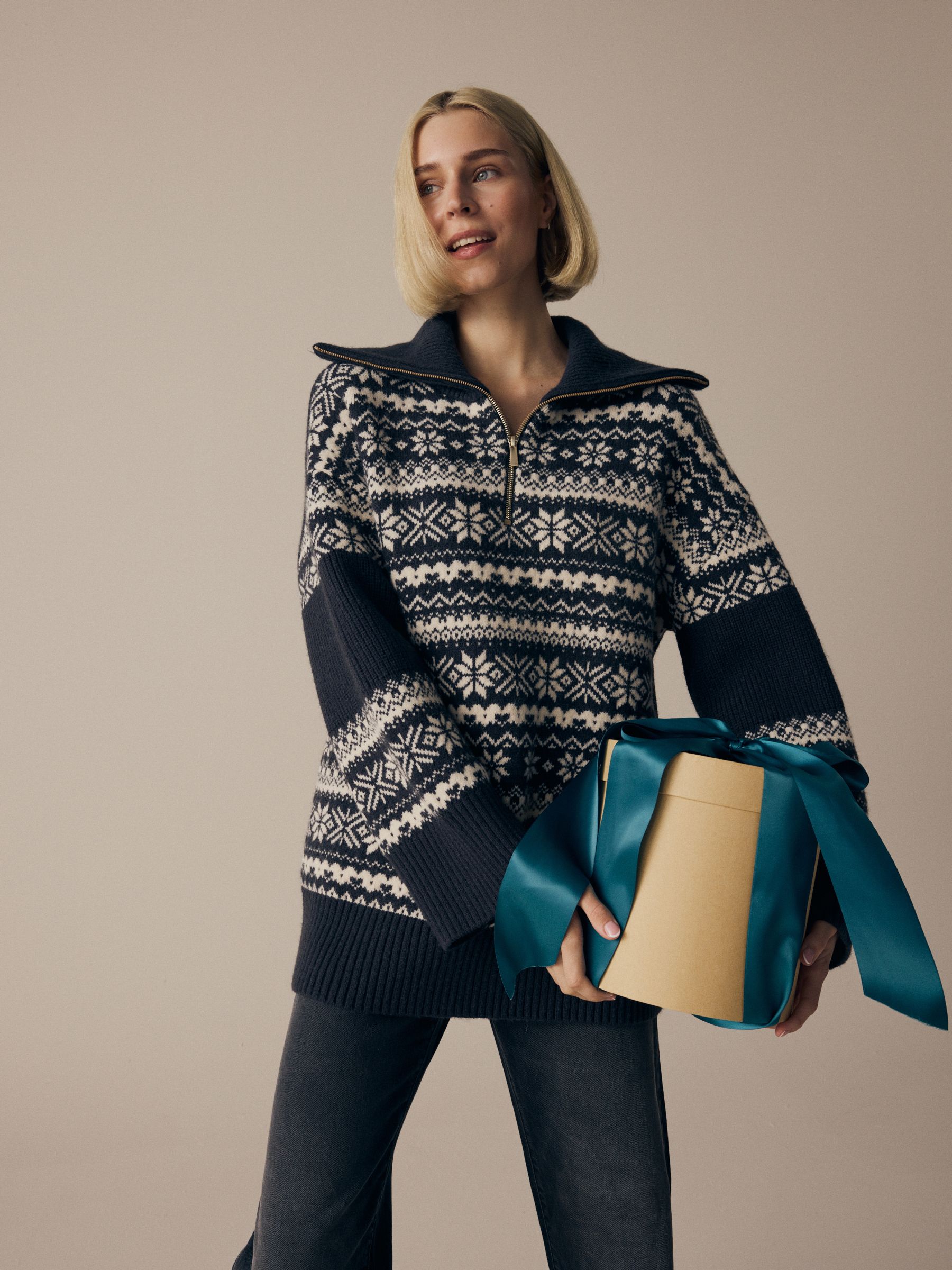 Zwart/wit - Matching Family kersttrui voor dames met Fairisle-patroon