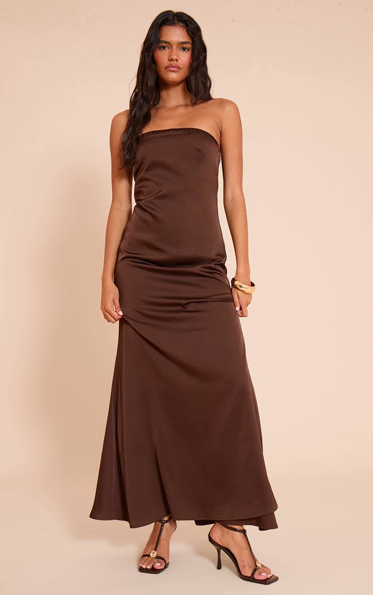 Chocolat Robe Longue Bustier En Satin