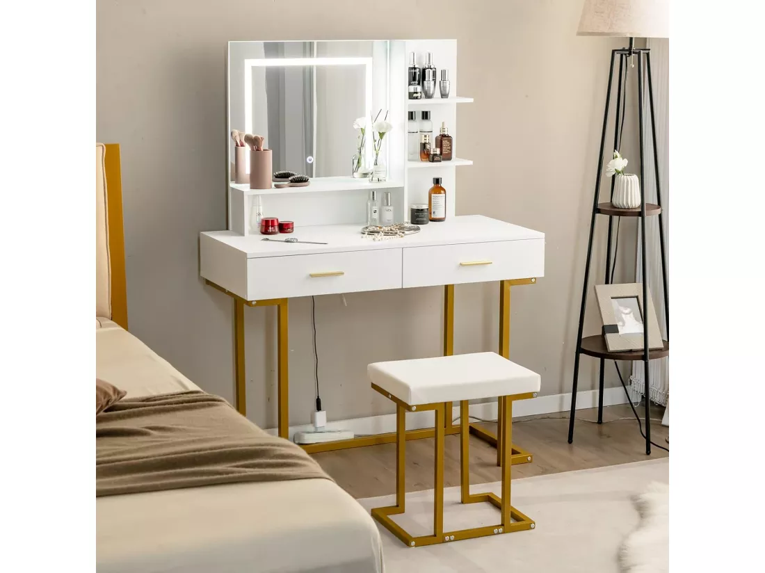 Coiffeuse avec Miroir Lumineux et Tabouret, Table de Maquillage Luminosité Réglable Cadre en Acier Doré avec 2 Grand Tiroirs, 2 Étagères, 1 Compartiment pour Chambre, Vestiaire (Blanc+Doré)