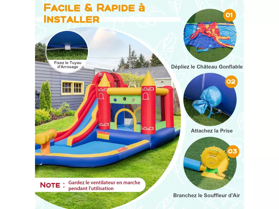 Château Gonflable avec Toboggans Aquatiques, Aire de Jeux Gonflable Piscine avec Motif de Boisgouin, Canon à Eau, Panier de Basket-Ball 3 à 10 Ans Vert Sans Souffleur 680W