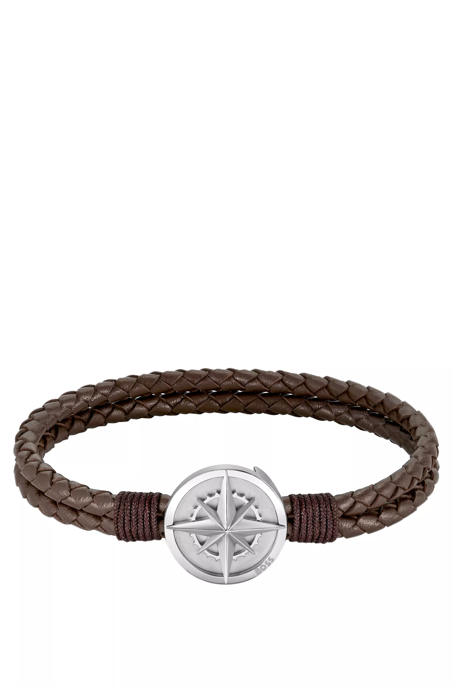 Bracelete BOSS em couro marrom trançado preto com placa de bússola prateada