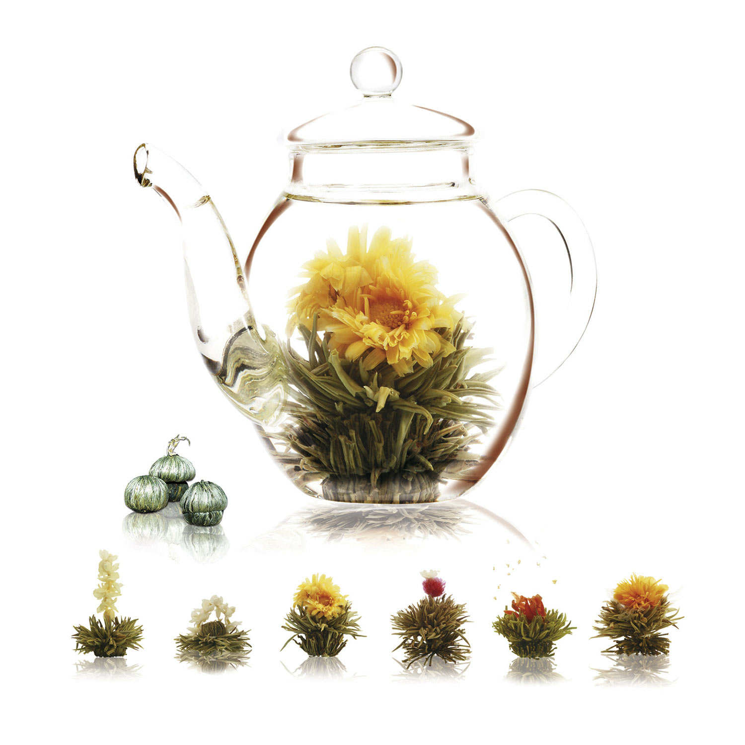 Coffret théière et 6 fleurs de thé vert