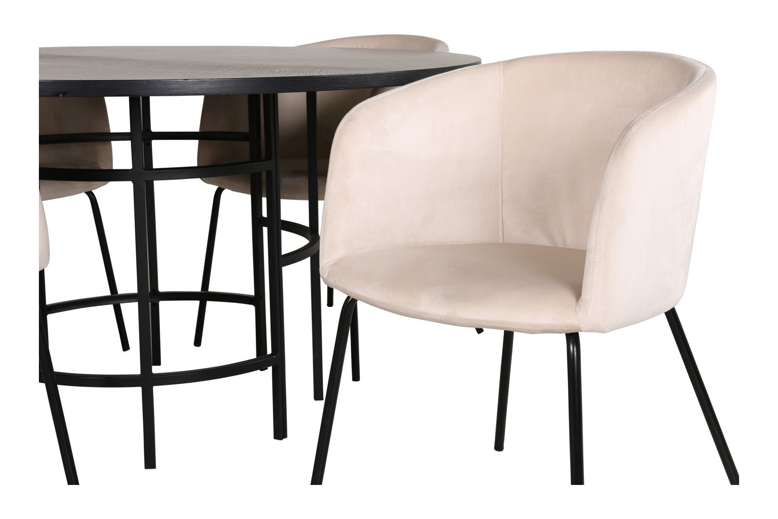 Copenhagen og Berit Spisegruppe Copenhagen rundt spisebord Ø140 cm i sort med 4stk. Berit med arm spisestoler i Beige fløyel og sorte ben.