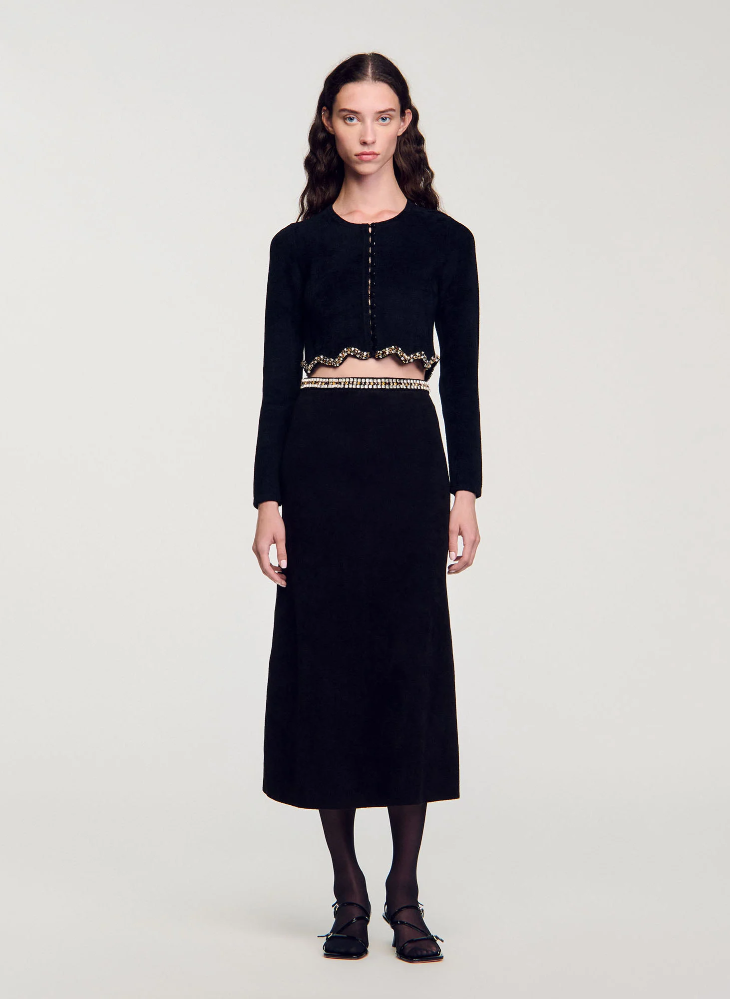Cardigan court en maille velours strassé | Noir