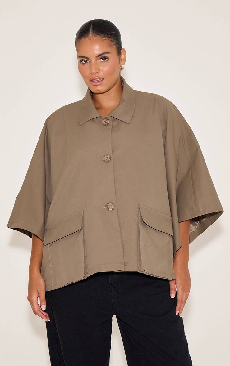 Taupe Veste Style Trench Raccourcie À Manches Chauve-souris Grande Taille
