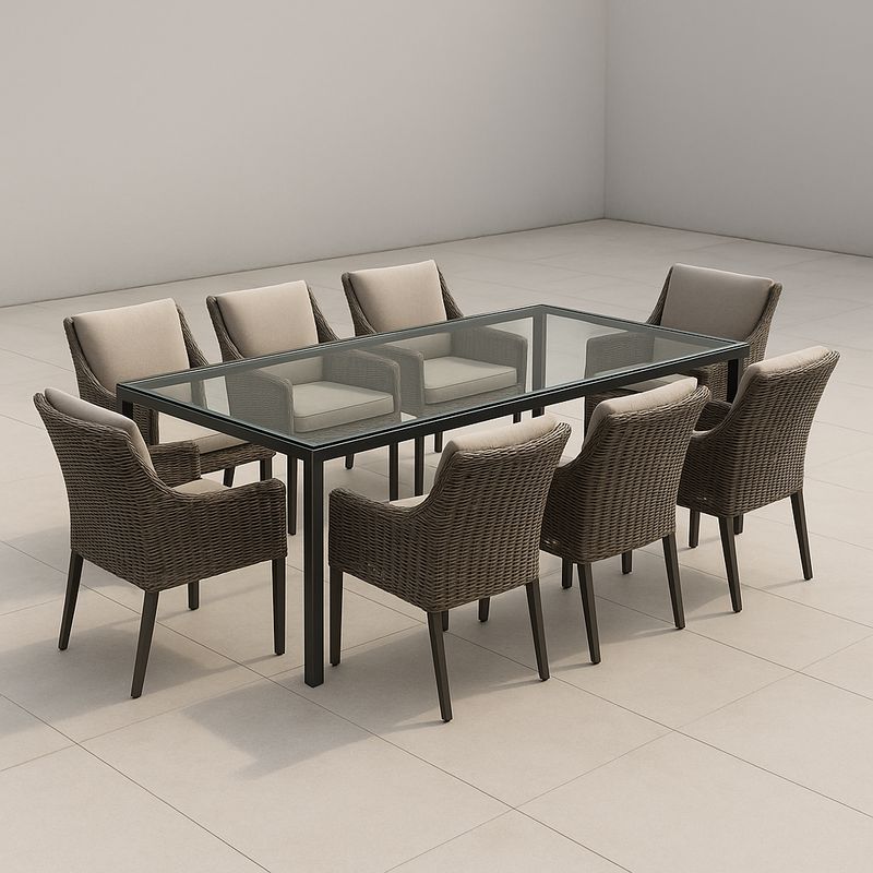 Gartentisch aus Glas mit 8 Rattanstühlen in Braun