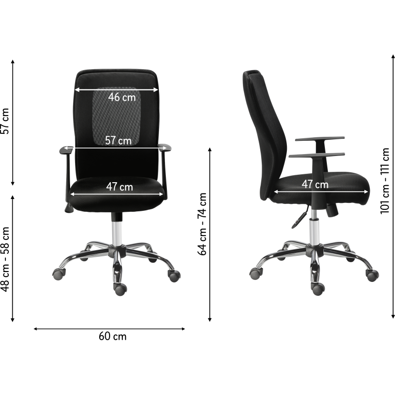 Chaise de bureau Seattle tissu et maille - dossier haut accoudoirs - mécanisme Basculant centré - pieds chrome