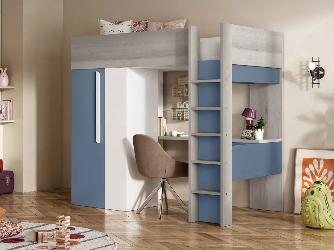 Lit mezzanine 90 x 200 cm avec armoire et bureau - Bleu et blanc + matelas - NICOLAS