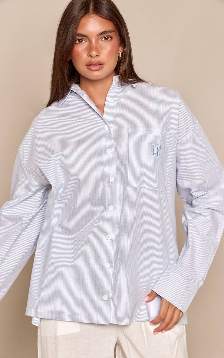 Bleu Chemise Oversize Tissée À Rayures Avec Broderie Plt
