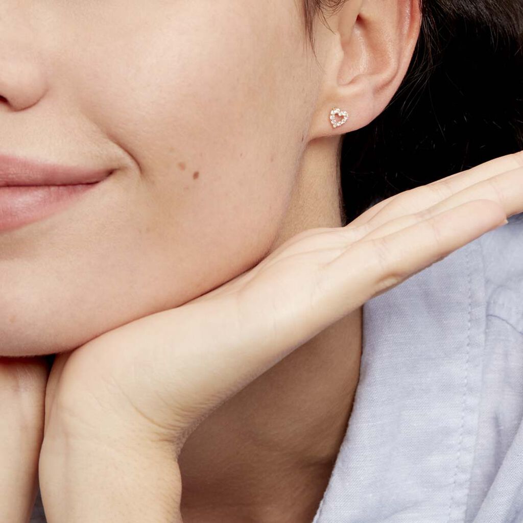 Boucles D'oreilles Puces Coeur Ajoure Or Jaune Oxyde De Zirconium
