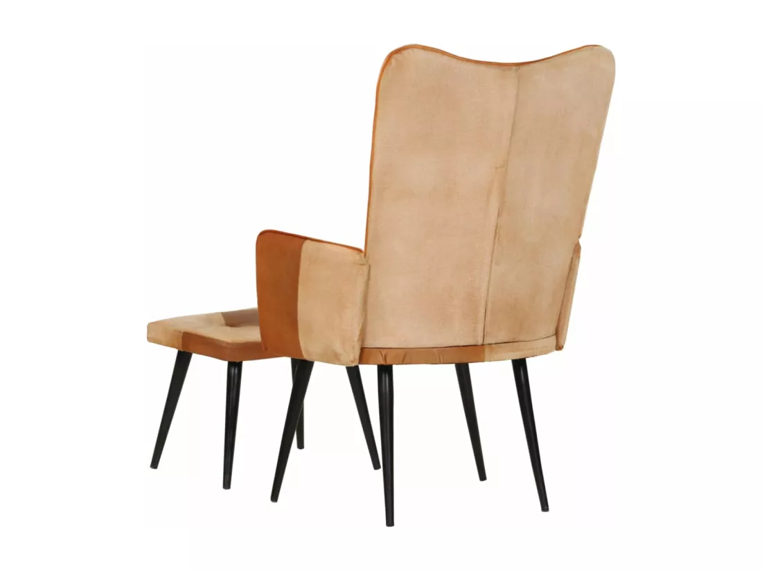 Fauteuil avec repose-pieds Marron Cuir véritable et toile