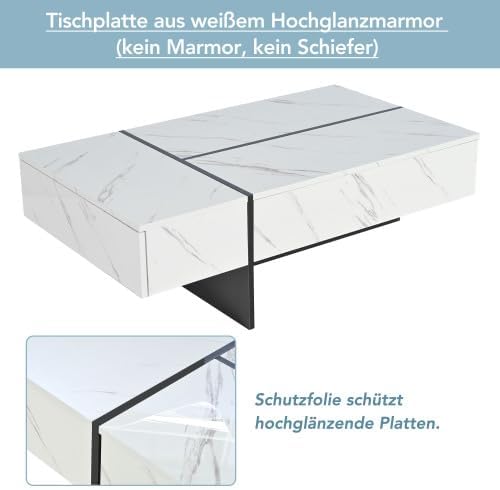 Merax Couchtisch Weiß mit LED-Lichtstreifen, Hochglanz-Oberfläche und 3 Schubladen – Moderner Sofatisch für Wohnzimmer, Teetisch, Kaffeetisch, Beistelltisch mit Marmor-Muster und App-Steuerung