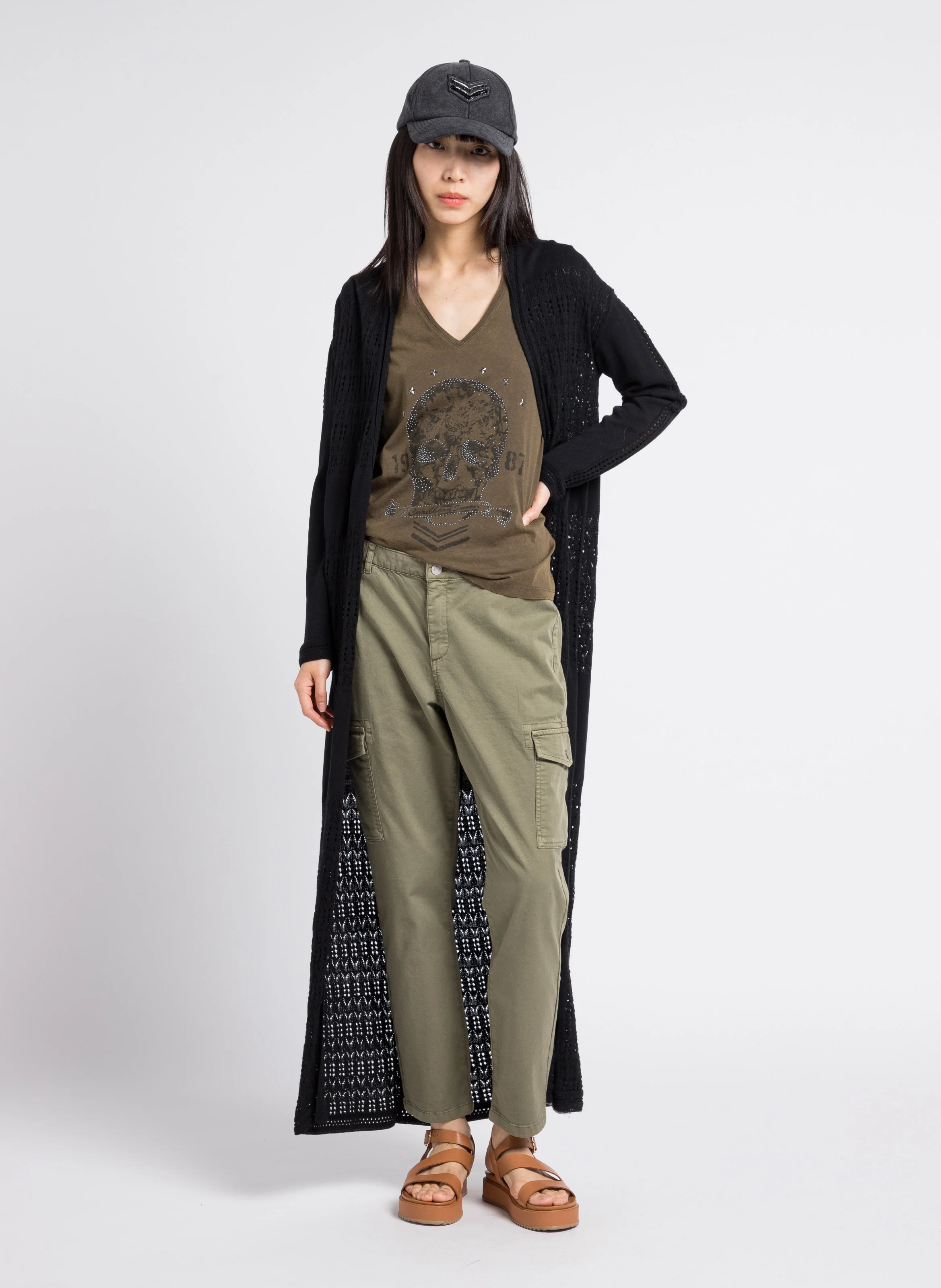 Jean cargo cropped en coton mélangé | Kaki