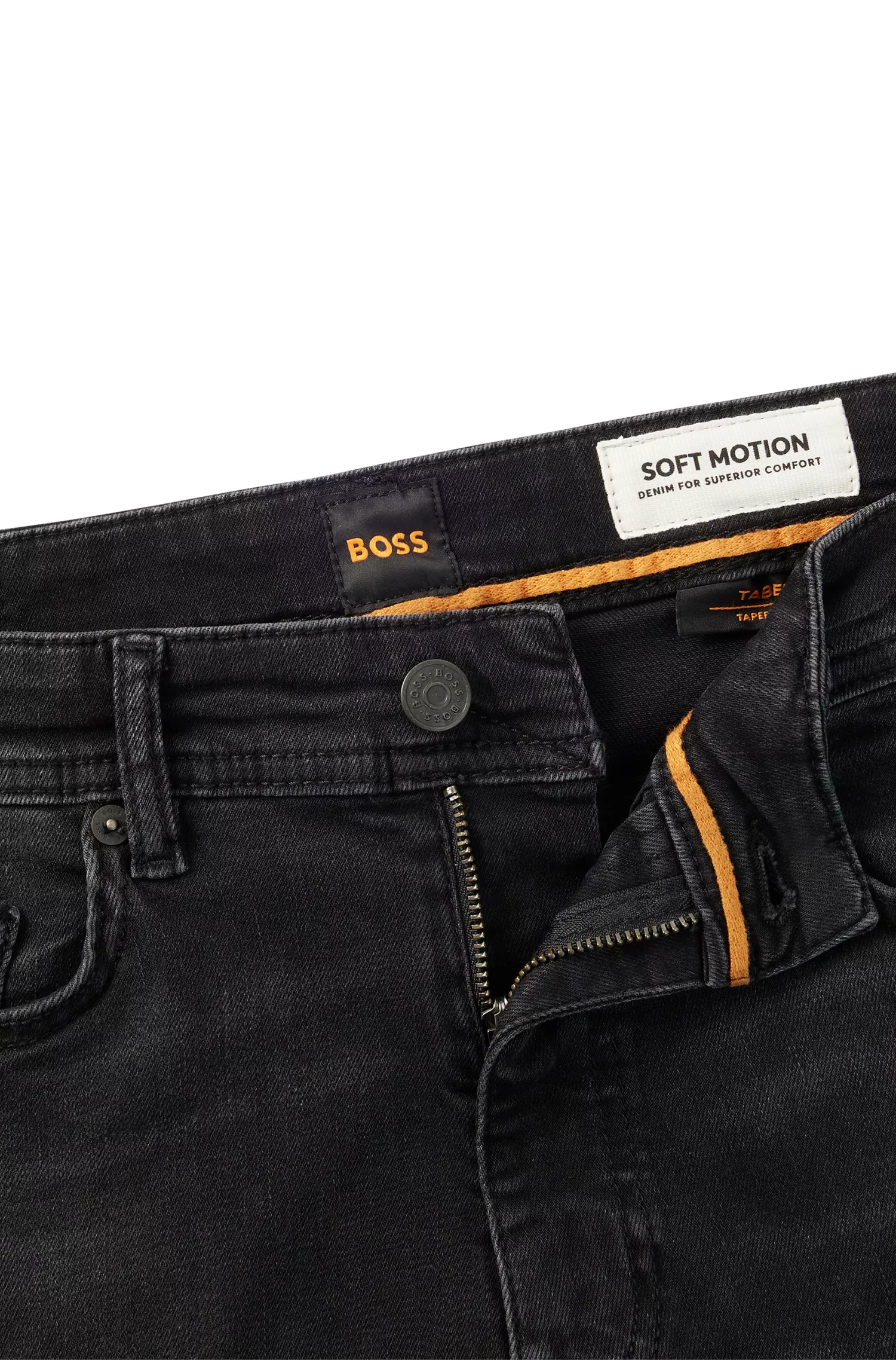 Calça jeans BOSS laranja, corte afunilado, em denim preto super elástico.