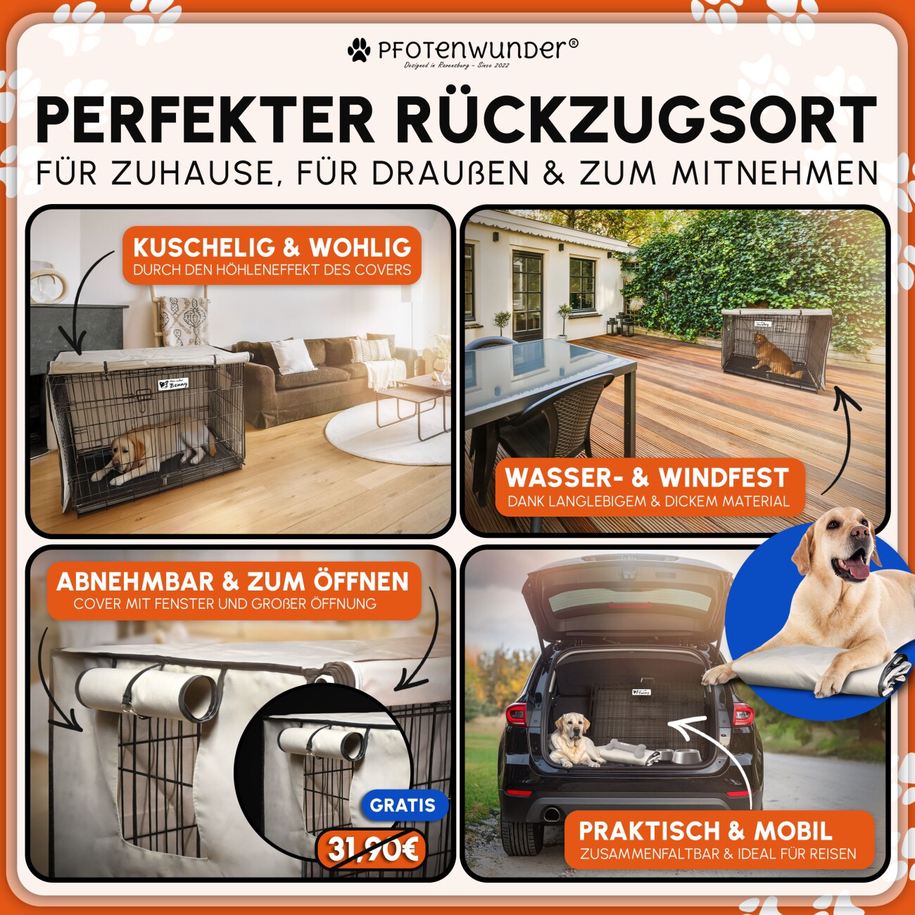 PfotenWunder® Hundekäfig klappbar 122*75.5*84cm, Hundetransportkäfig mit 2 Türen + 1 Abdeckung & 1 Trainingsbuch | Tiertransportbox, Hundetransportbox, Hundebox Auto, Drahtkäfig faltbar mit Bodenschale