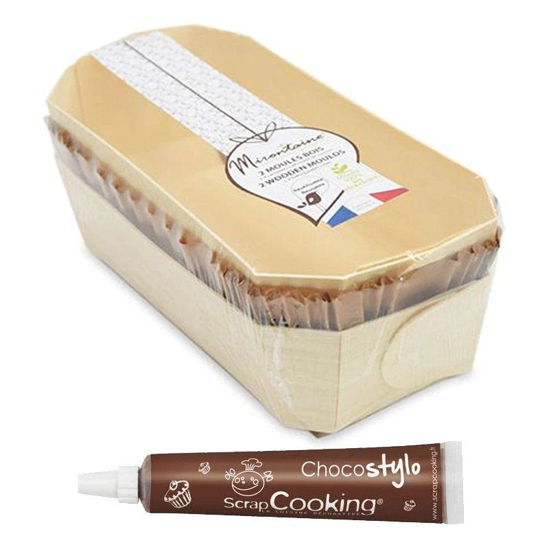 2 moules à cake 24 cm en bois + 4 caissettes de cuisson + Stylo chocol