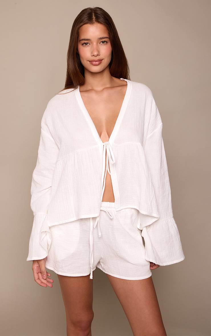 Blanc Ensemble Coordonné Short En Gaze De Coton Avec Lien À La Taille