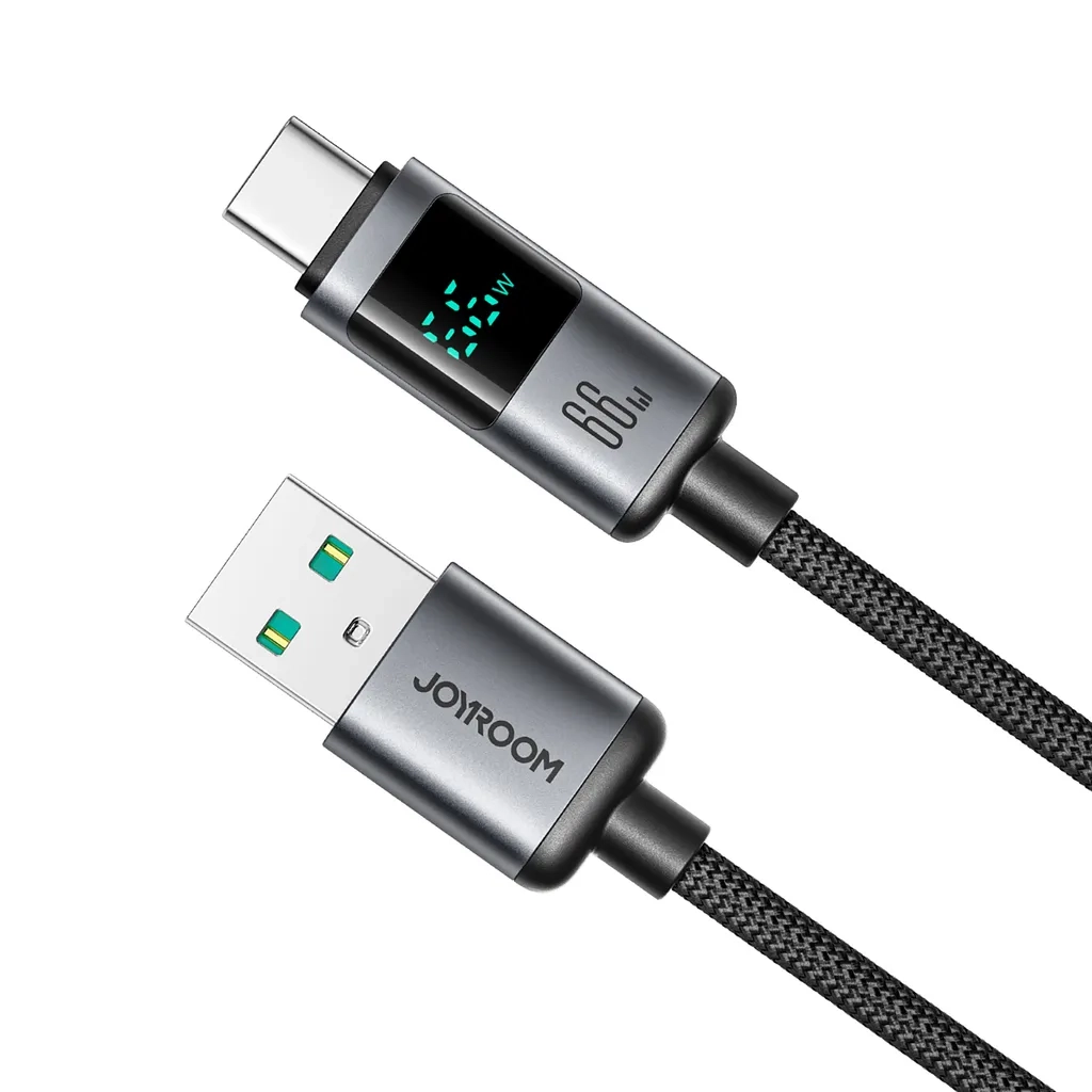 (1.2m) 66W USB A auf USB C Nylon Ladekabel Fast Charging PD Datenkabel mit Spannungs Anzeige - Schwarz