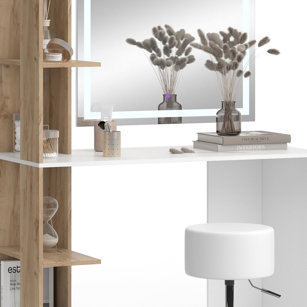 Vicco Schminktisch Tower Weiß Sonoma 122 x 55 cm mit LED-Spiegel und Hocker