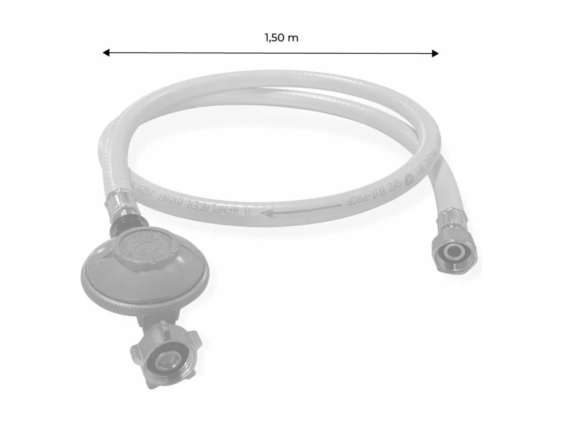 Kit Tuyau flexible de gaz 1.5 m à embouts mécaniques 25mm + Détendeur Butane 28mbar 1.3kg/h – Normes NF