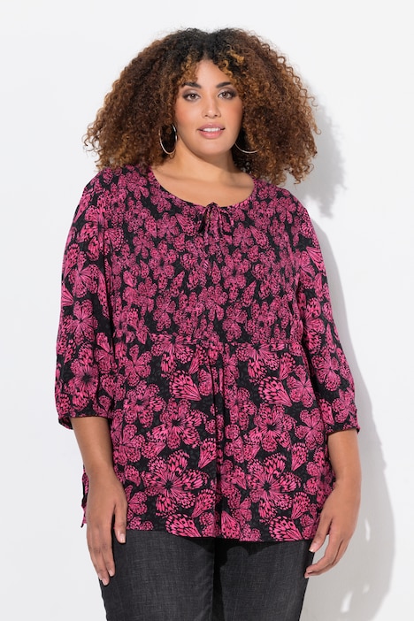 Smokbluse, floraler Druck, Rundhals, 3/4-Arm