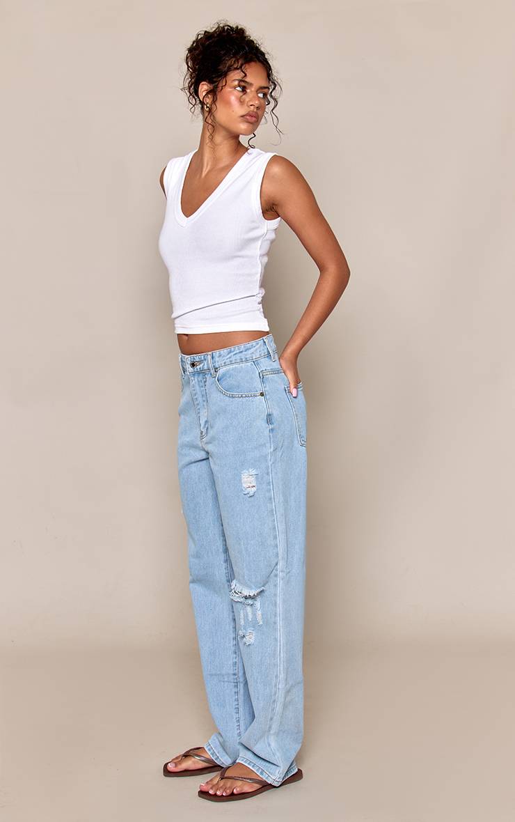Light Blue Wash Jean Droit Taille Haute Effet Usé