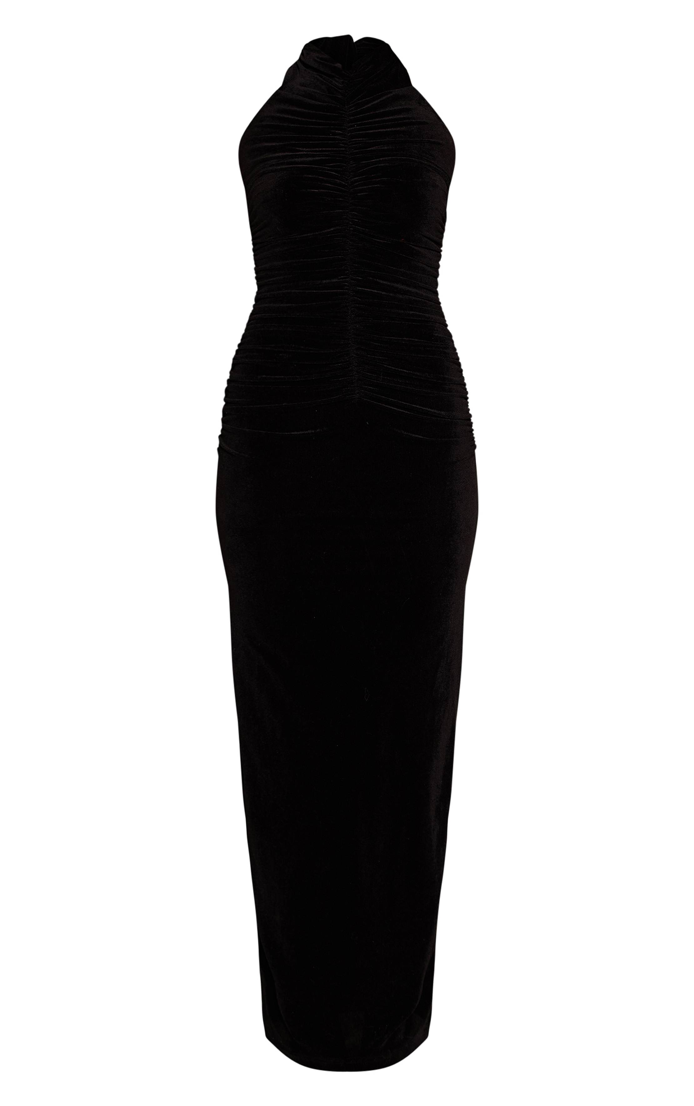 Noir Robe Longue En Velours À Col Montant Extrême Et Détails Froncés
