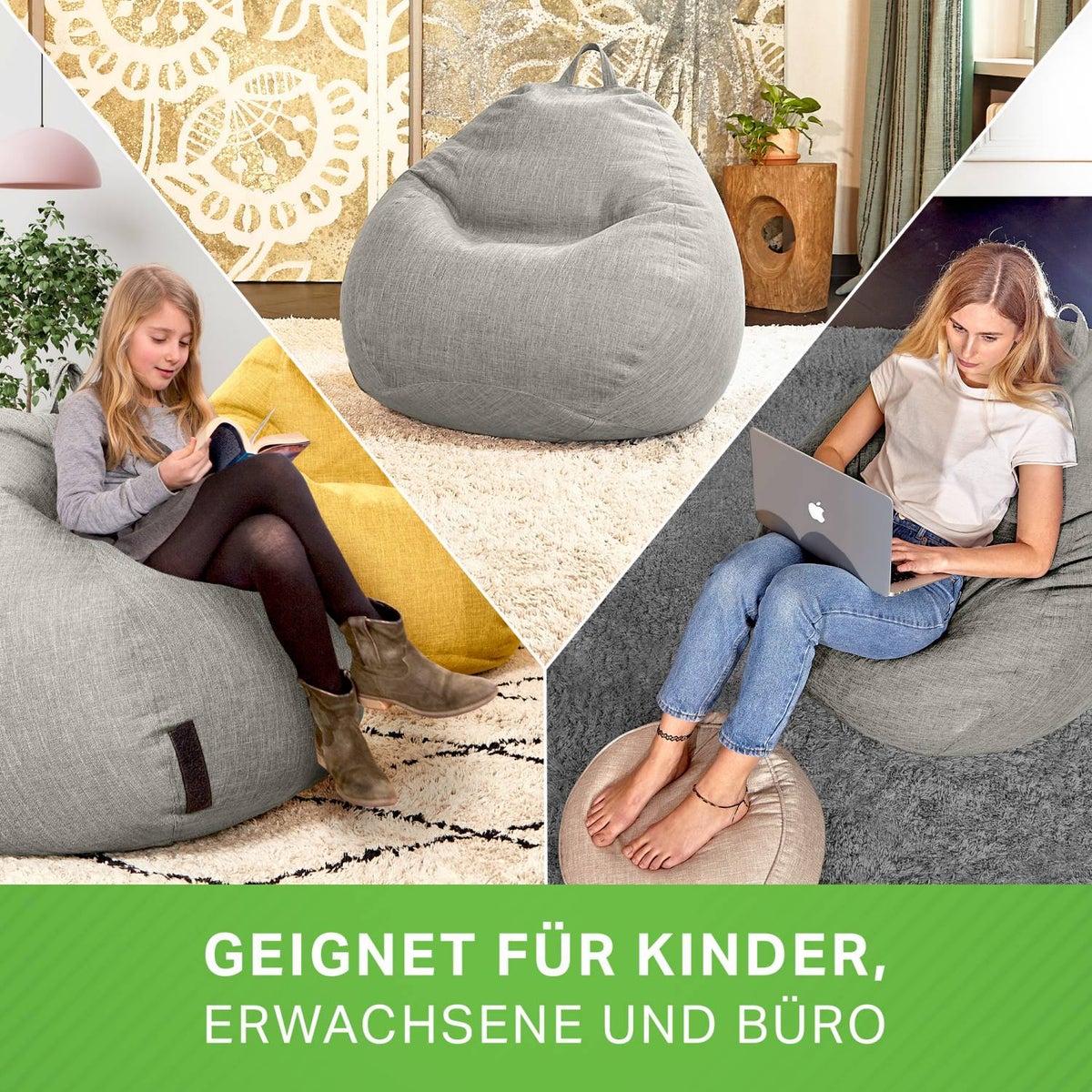 Green Bean Indoor Zitzak met 200 liter gevuld met EPS-korrels, knuffelzacht, wasbaar - Stoffen vloerkussen, ligstoel, zitkussen, loungestoel voor binnen - Zilvergrijs