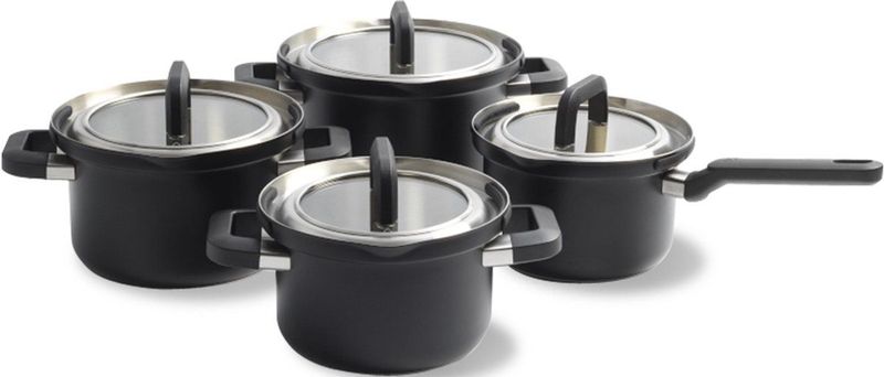 BK Flow Cool Black Glas kookpannenset - 4-delig - zwart - glazen deksel - veilig afgietsysteem - inductie