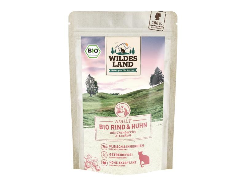 Wildes Land Nassfutter Adult BIO Rind & Huhn 12 x 85 g Hochwertiges Biofutter mit Rind, Huhn und Cranberries
