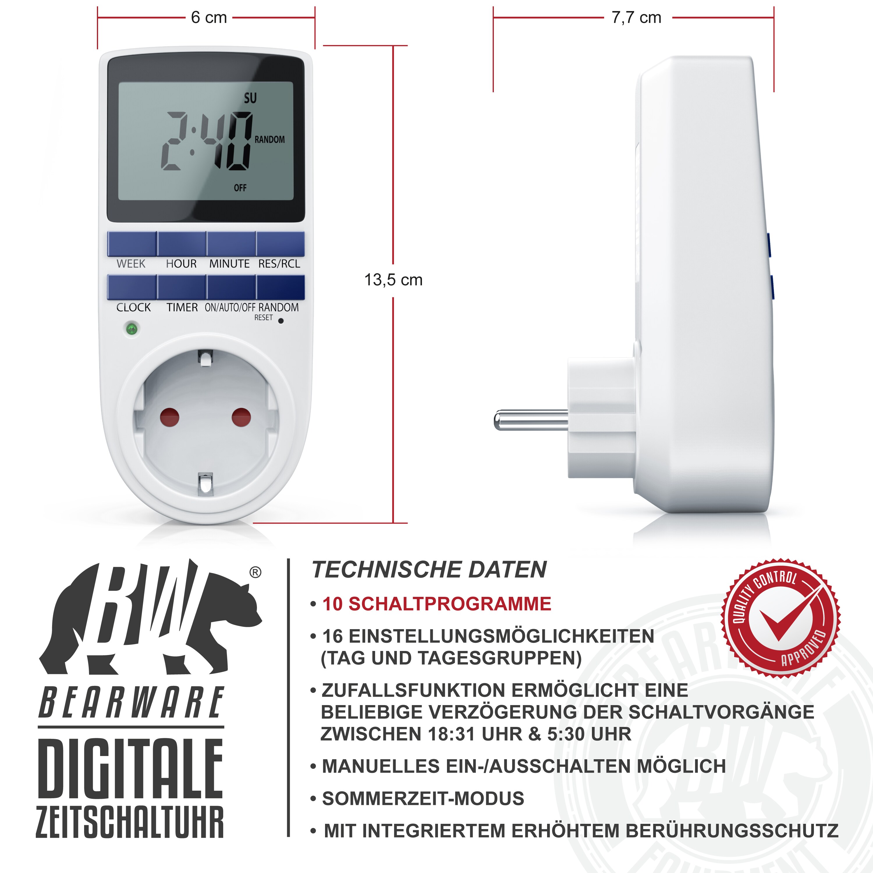 BEARWARE Zeitschaltuhr digital - 2,1 LCD-Display 5,3 cm - 3680W - Digital-Zeitschaltuhr mit 10 konfigurierbaren Programmen - Back-Up Reserve-Akku