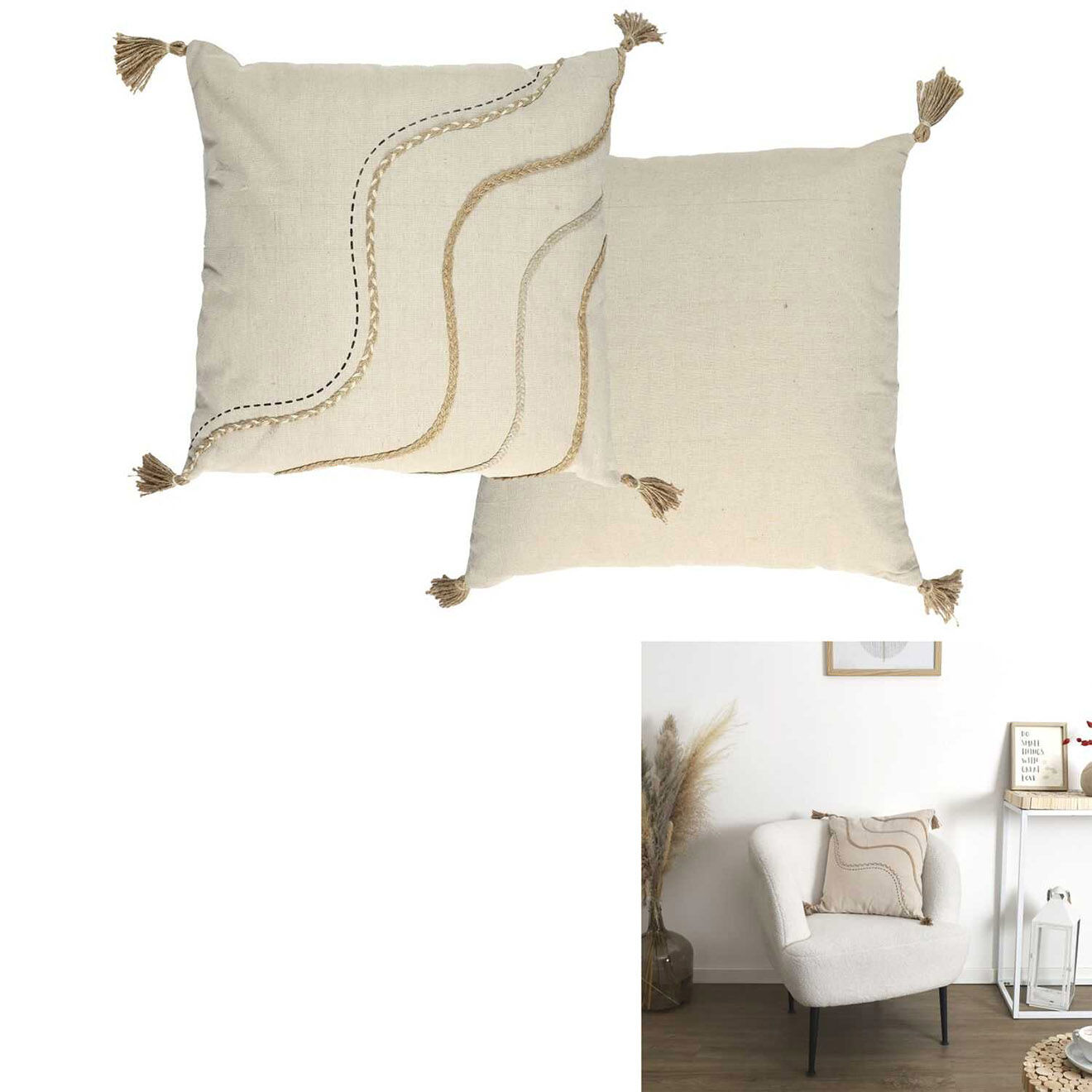Home Deco Factory Coussin à pompons beige - 40x40 cm