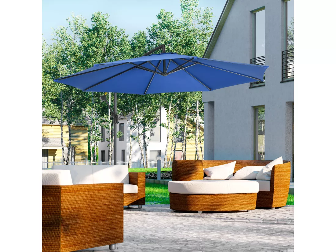 Parasol déporté octogonal inclinable rabattable diamètre 2,97 m parasol de jardin avec pied en croix bleu