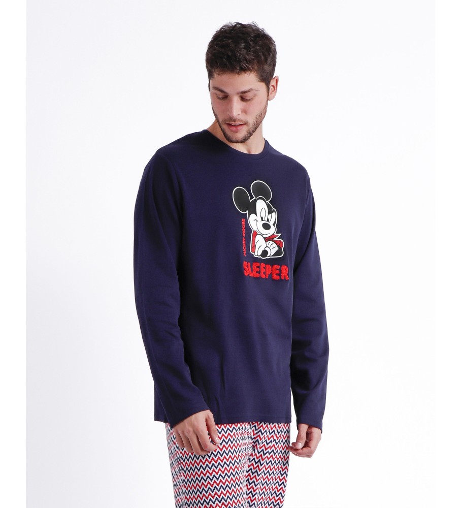 Pijama de manga comprida azul marinho com estampa em ziguezague do Mickey da Disney