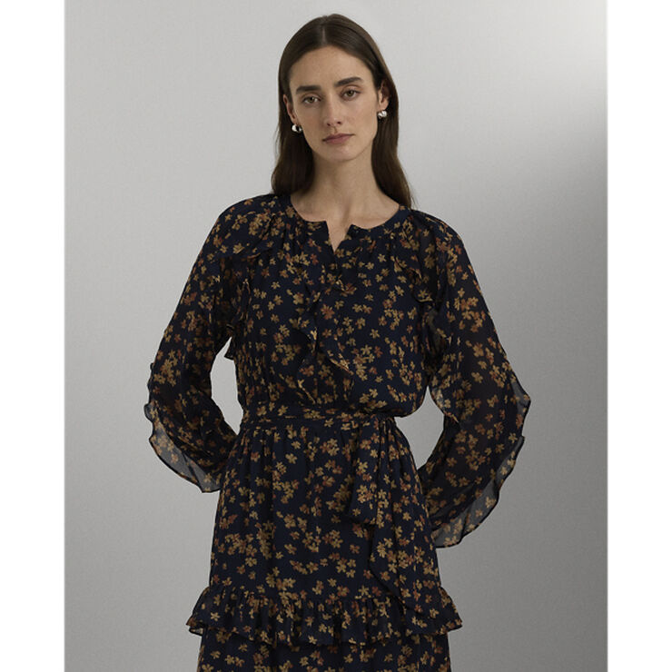Lauren Ralph Lauren Floral Ruffle-Trim Georgette Dress Navy