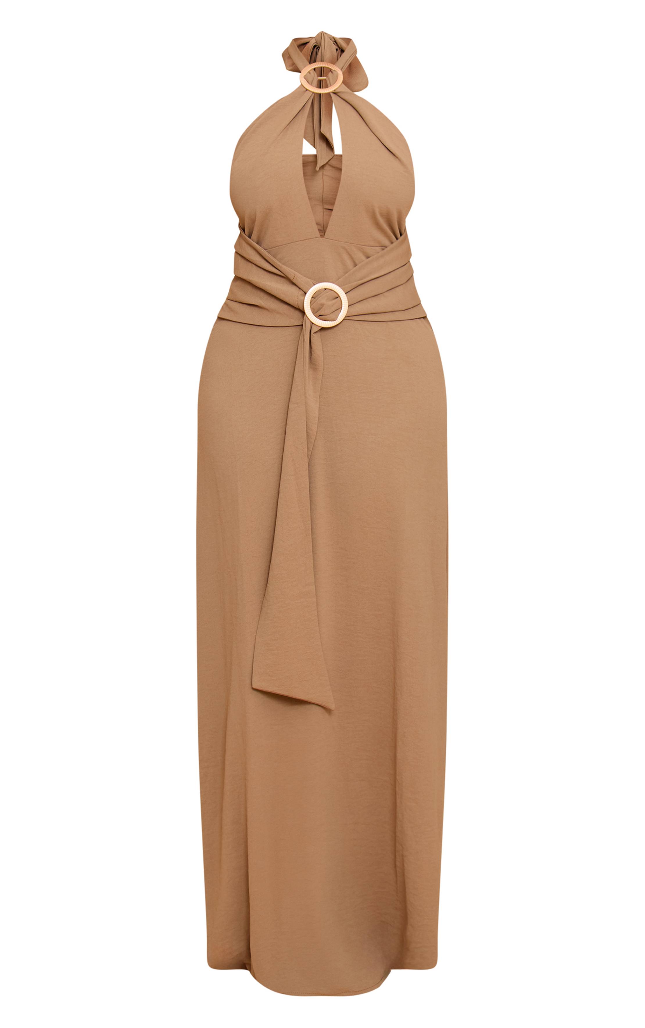 Kaki Robe Longue Dos-nu En Satin Martelé Avec Anneau Décoratif Shape