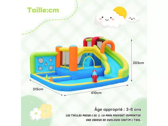Château gonflable avec trampolines, souffleur, toboggan, panier de basket, 3 à 8 ans, 410x315x203cm