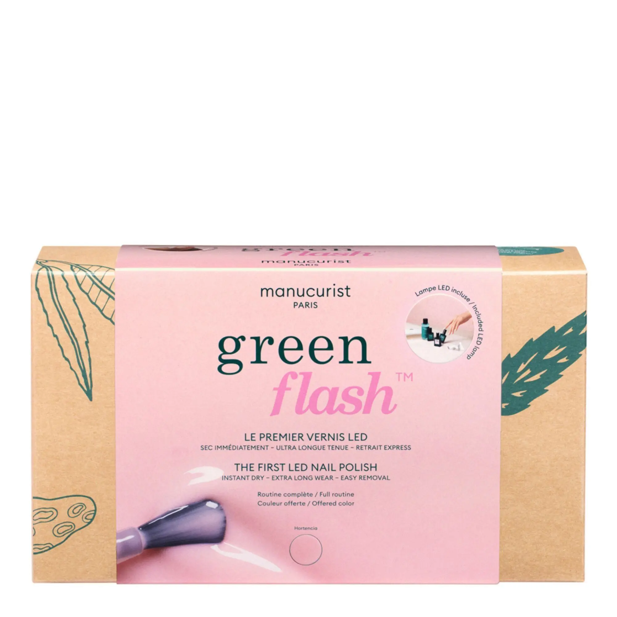 Manucurist - Coffret Routine Complète - Green Flash Base, Top Coat, Vernis, Eau Dissolvante, Lampe Led & PincesHortencia - Coffret maquillage