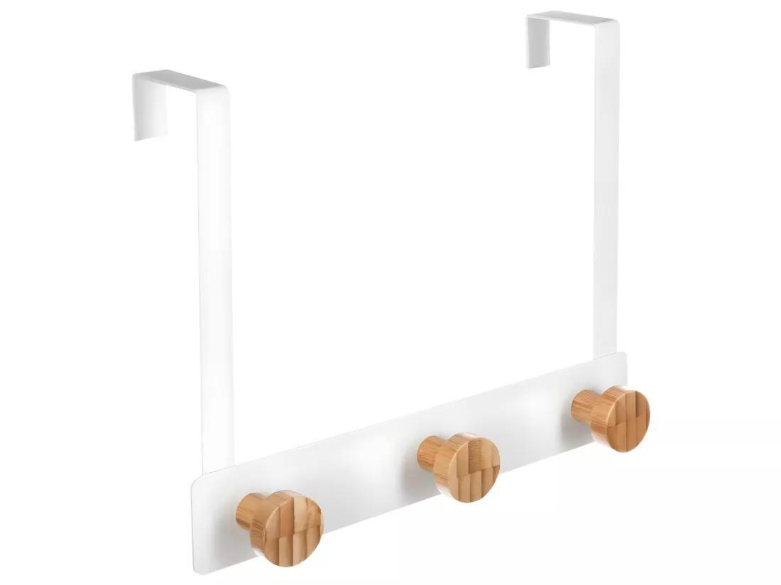 Patère de porte en Métal Blanc 3 Têtes en Bambou L 25 cm