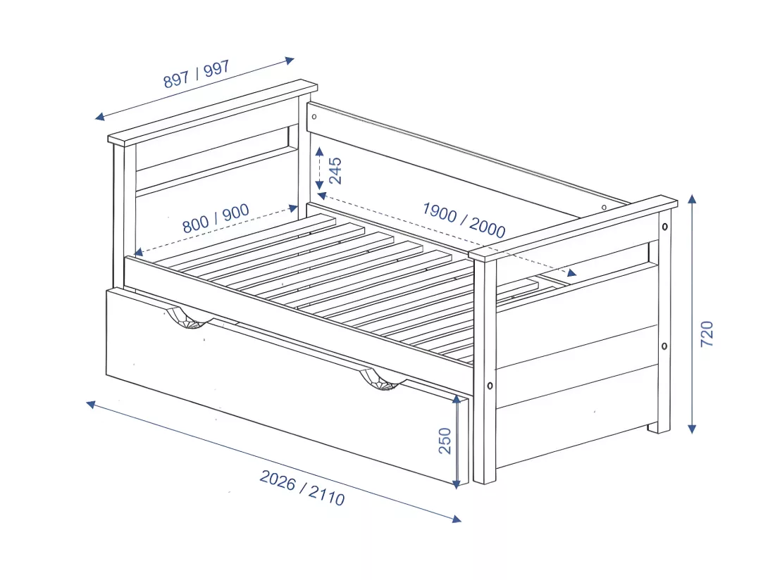 Lit banquette gigogne 80x200 cm bois massif bois naturel IZAO