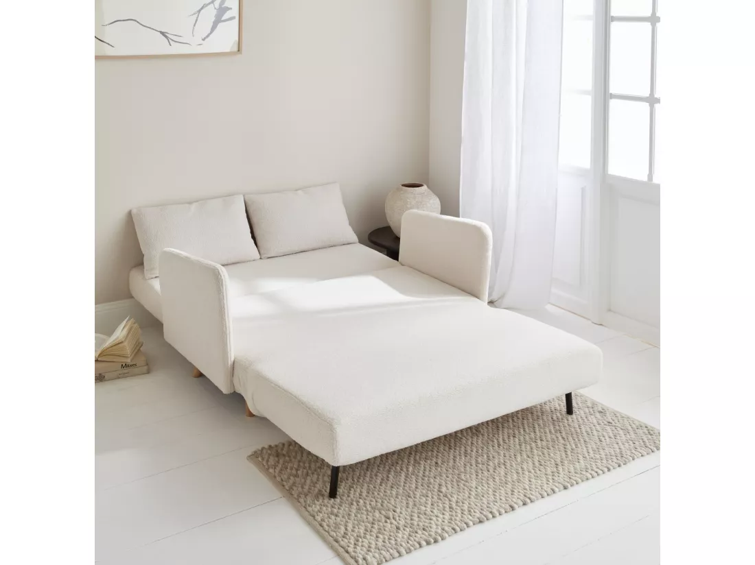 Canapé convertible 2 places scandinave - Panam - pieds bois. bouclettes blanches. banquette. dossier inclinable