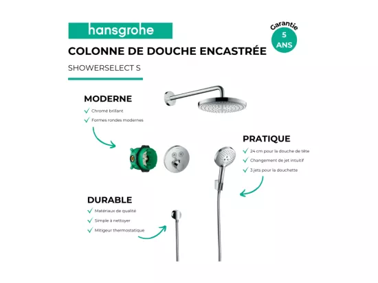 Colonne de douche thermostatique encastrée HANSGROHE ShowerSelect S chromé + douche de tête Raindance Select S + nettoyant