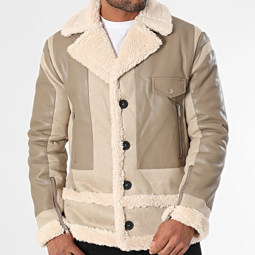 Veste Zippée Col Sherpa Beige Foncé Beige