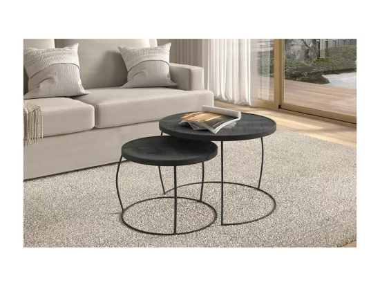 Table basse gigogne ronde en bois massif exotique. Finition noir. Collection LARSON.