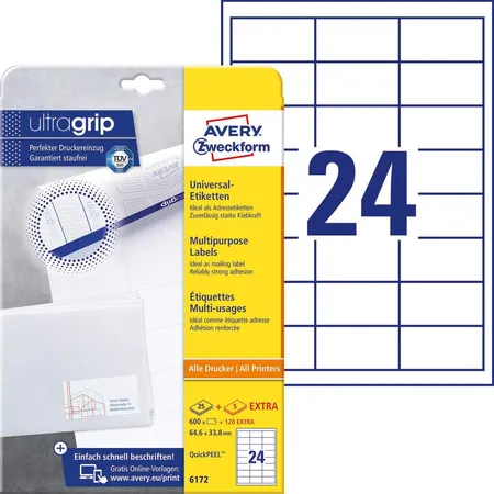 Avery Zweckform 6172 Universal-Etiketten,A4 mit ultragrip,Adressaufkleber 64,6 x 33,8 mm, 30 Bogen/720 Etiketten, weiß