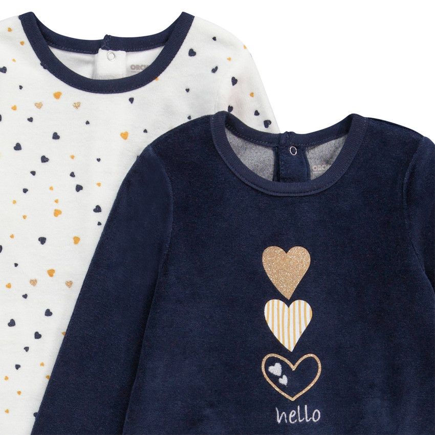 Lot de 2 dors-bien en velours imprimé coeurs pour bébé fille - Bleu marine