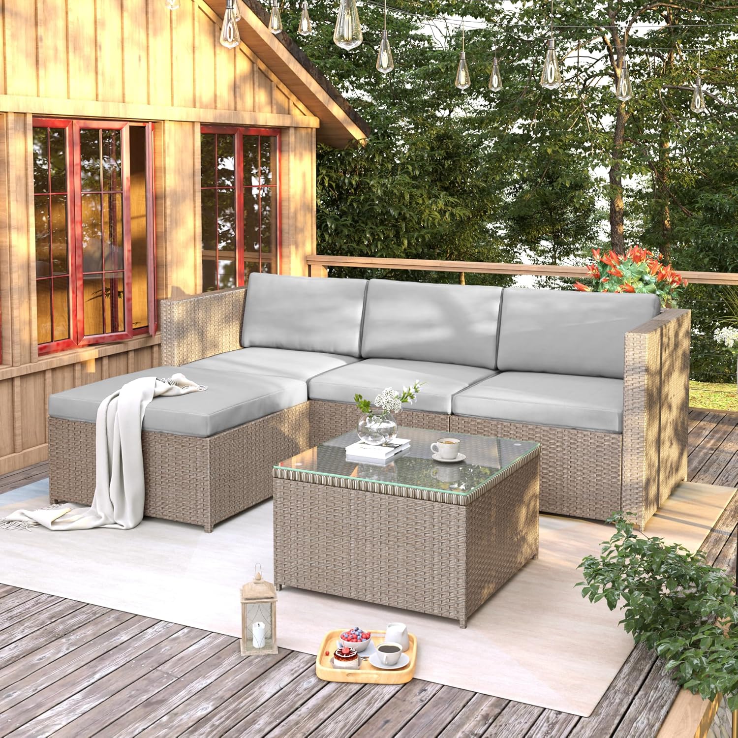 Merax Polyrattan Lounge, Gartenmöbel Set Balkonmöbel für 3-4 Personen, Gartenlounge, Sitzgruppe Outdoor mit Kissen und Glastisch, Terrassenmöbel, Ecksofa, für Garten Balkon und Terrasse, Khaki